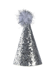Realistic silver glitter party hat with pompon on top. Isolated cutout on a transparent background.