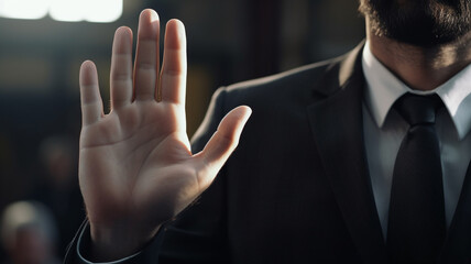 Young male politician raising his hand to swear - obrazy, fototapety, plakaty