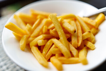 A plate of french fries. favorite fast food food.