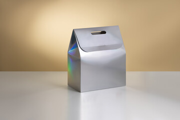 A box made of metallized cardboard with a holographic effect. Mock-up of the packaging without a logo.