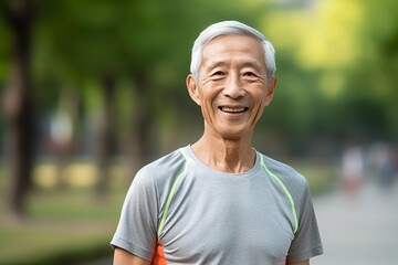 Asian senior man enjoying jogging in the park in the morning, eldery people healthy lifestyle.