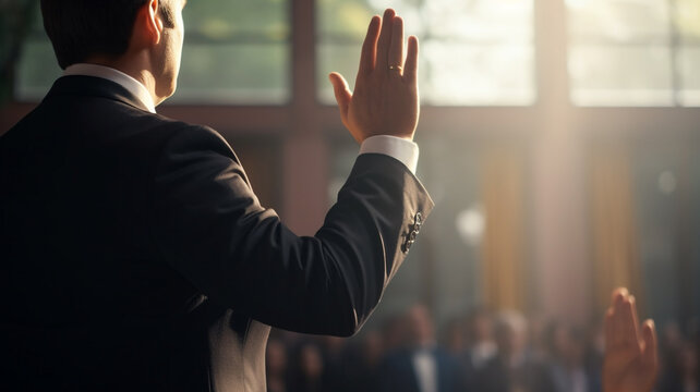 Young male politician raising his hand to swear
