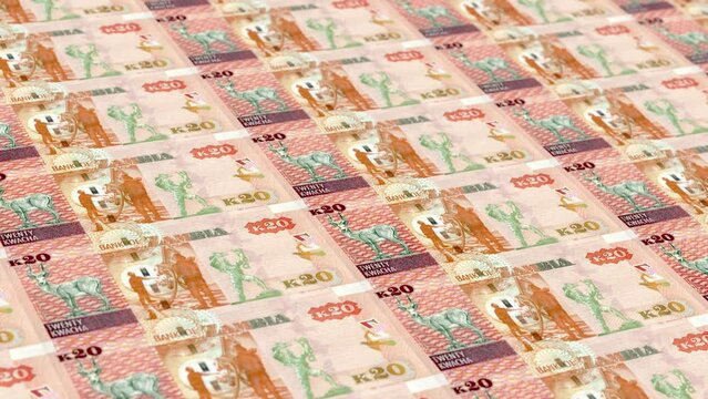 Zambia Zambian Kwacha 20 Banknotes Money Printing House, Printing Twenty Zambian Kwacha, Printing Press Machine Print out Zambian Kwacha, Being printed by currency press machine 20 Zambian