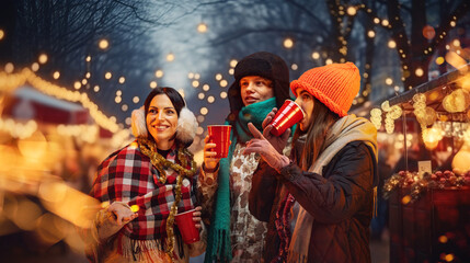 Fototapeta premium Happy, stylish young people, friends walking together on evening, attending street fair, drinking hot drinks and having good merry time. Concept of winter holidays, Christmas, traditions, happiness