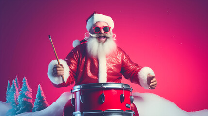 Modern cool Santa wearing sunglasses playing a drum kit in the North Pole