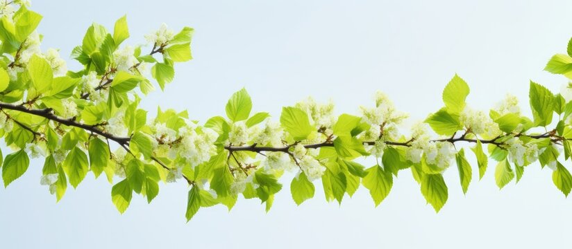 In the springtime outdoors the common hornbeam Carpinus betulus displays its vibrant green leaves and delicate buds while the close up view of its branches showcases the unique features of 