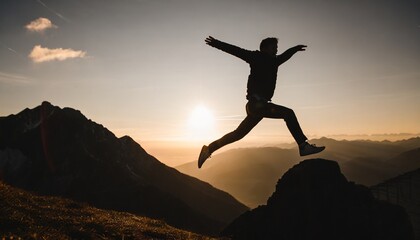 Achievement of the goal: Young sporty happy man jumps in the sunset at the peak of a mountain