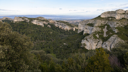 Massive rock formation in the Alpilles on a sunny day