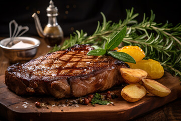Delicious medium rare beef steak served with roasted potatoes on wooden board.