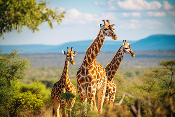 Fototapeta premium Giraffe family in grassland savanna day time, tallest animal in the world.