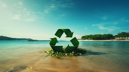 Green recycle symbol or eco sign with garbage waste on the beach and tropical sea background, sustainability and protect environment concept. - obrazy, fototapety, plakaty