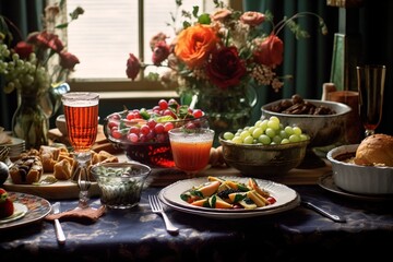Festive table setting, family dinner table with plenty of food.