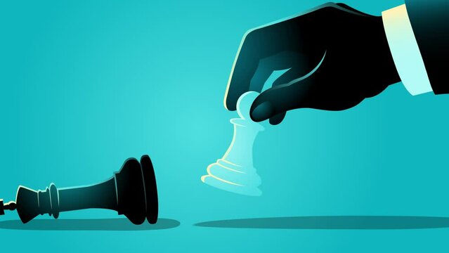 Business concept illustration of a businessman using a pawn to kick a king in chess game, motion graphics