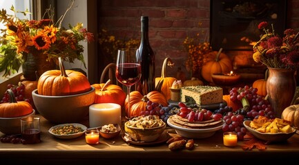Obraz na płótnie Canvas Wine and cheese, tasty snacks on table with autumnal decorations, celebration of the harvest.