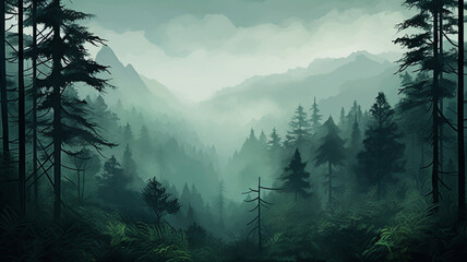 Tall trees and a rainforest shrouded in mist. - obrazy, fototapety, plakaty