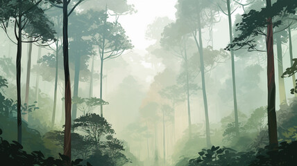 Tall trees and a rainforest shrouded in mist. - obrazy, fototapety, plakaty