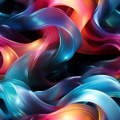 black background with wavy seamless pattern texture with neon gradient multicolored curves volumetric waves