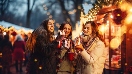 Happy young women attending winter fair in evening, drinking hot drinks, eating hot dogs. Merry season and cheerful time. Concept of winter holidays, Christmas, traditions, outdoor fair, happiness