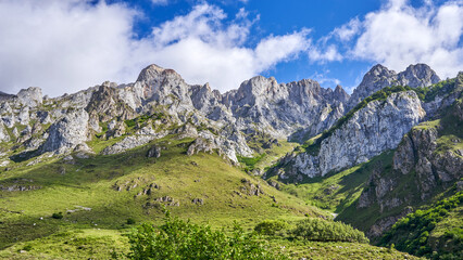 Fototapeta na wymiar Picos de Europa National Park, located in the north of the Iberian Peninsula, nestled in the Cantabrian Mountains and between Asturias, León and Cantabria. In Cantrabria, Spain.