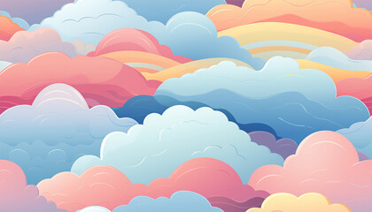 Fototapeta premium Cute colorful pastel clouds seamless pattern background. Rainbow unicorn background with clouds and stars. Pastel color sky. Magical landscape, abstract fabulous pattern. Cute candy wallpaper.