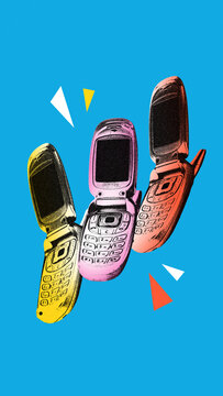 Poster. Contemporary art collage. Modern creative artwork. Vintage cell phone mobile device isolated blue background. Image in old paper style.