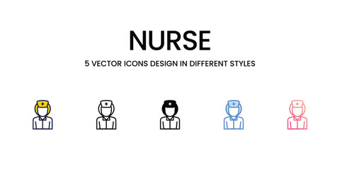 Nurse Icon Design in Five style with Editable Stroke. Line, Solid, Flat Line, Duo Tone Color, and Color Gradient Line. Suitable for Web Page, Mobile App, UI, UX and GUI design.