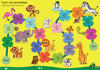 Animal imitating educational game for children. Play like an animal. Vector illustration.