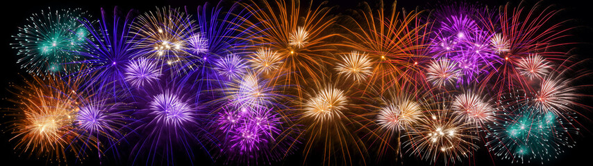Fototapeta premium Silvester new year 2024 fireworks background banner panorama long- Colorful firework on rustic dark black night sky texture