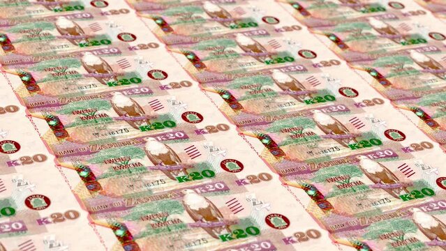 Zambia Zambian Kwacha 20 Banknotes Money Printing House, Printing Twenty Zambian Kwacha, Printing Press Machine Print out Zambian Kwacha, Being printed by currency press machine 20 Zambian