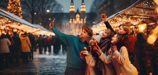 Winter fair. Young happy people, friends taking selfie together, drinking mulled wine, celebrating holidays outdoors. Concept of winter holidays, Christmas, traditions, outdoor fair, happiness