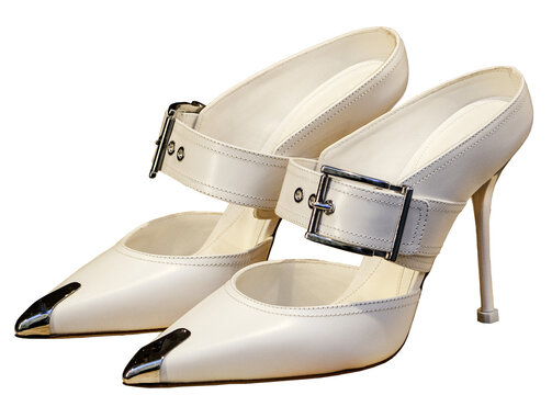 White leather punk sandals with buckle,silver-colored metal toe and stiletto heels by Alexander McQueen.Milan - Italy,November 13,2023