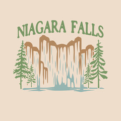Niagara Falls vector design template,  Hand drawn style fall design, Niagara Falls with Pine tree, waterfall hand drawn style vector.