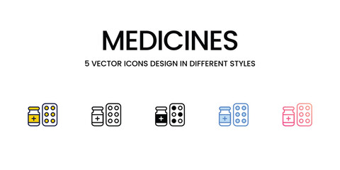 Medicines Icon Design in Five style with Editable Stroke. Line, Solid, Flat Line, Duo Tone Color, and Color Gradient Line. Suitable for Web Page, Mobile App, UI, UX and GUI design.