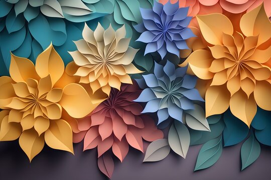 Handcrafted origami flowers in pastel colors, paper cut art style