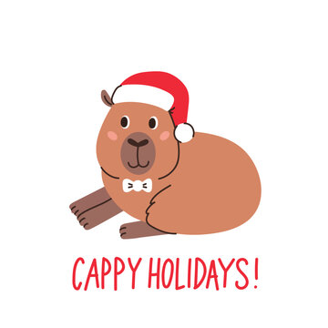 Funny capybara in a Christmas Santa hat. Inscription Cappy Holidays means funny wordplay Happy and Cappybara. Flat vector illustration. Cute animal isolated on white background. Winter holiday season.