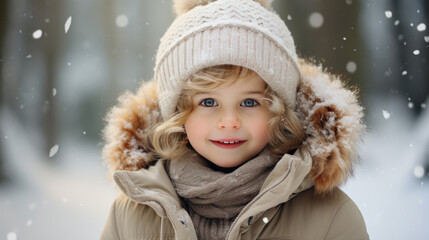 A child with a thick winter jacket outside in the snow in winter