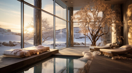 An indoor pool in a spa hotel in winter - obrazy, fototapety, plakaty