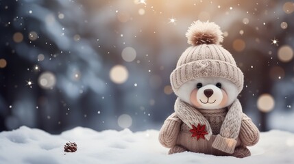 A teddy bear wearing a scarf and a hat sits on snow in the winter forest on a sunny day.