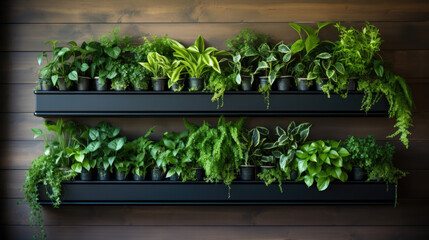 Two wall shelves filled with green plants - obrazy, fototapety, plakaty