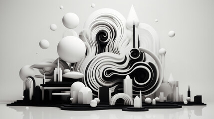 A surreal world showcasing peculiar, minimalist 3D shapes, warped and distorted, presented in a striking black and white aesthetic, evoking an abstract wonder.
