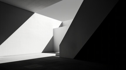 A black and white photo of a geometric space with white walls and black shadows