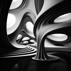 An abstract 3D world featuring unique forms in minimalistic black and white, characterized by a mysterious and captivating environment with dramatic lighting and stark monochrome contrast.