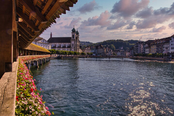 Fototapeta premium Kapellbrucke - Chappel Bridge adorned with Art - Lucerne Switzerland