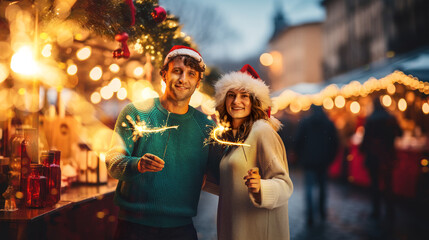 Cheerful happy young man and woman attending winter outdoor fair, holding lights, celebrating...