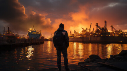An energy worker on a tanker ship at sunset, featuring industrial brutalism, hazy atmosphere, and landscape-focused cityscapes.
