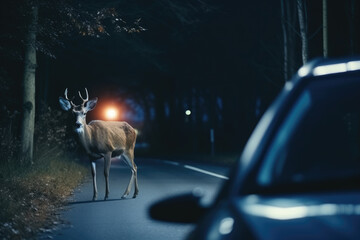 Deer standing on the road near forest at early morning or evening time. Road hazards, wildlife and...