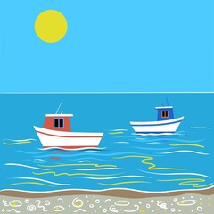 Naklejka premium Illustration of fishing boats at the seaside. Vessels are brightly coloured on a calm sea with gentle ripples and waves. The beautiful colours of the boats are reflected in the water. Coastal scene.