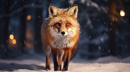 Portrait of Red fox in a winter night forest, snowy winter landscape. Poster, Baner high quality. Christmas lights. Generative ai