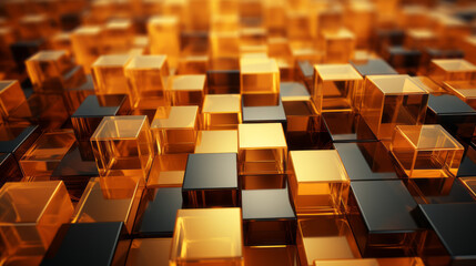 Obraz premium Seamless golden cube wall texture and cube with vibrant color blocks in orange and beige, utilizing Vray tracing.