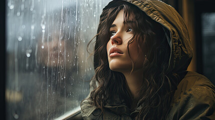 A young sad woman in front of a wet rainy window